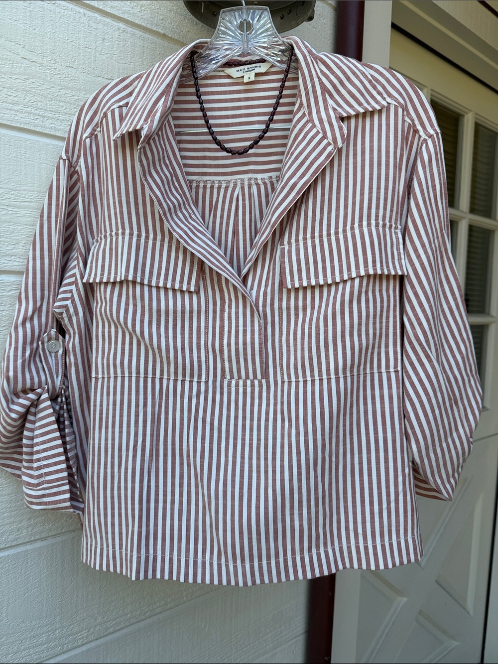 Max Studio Red and White Striped with black stripes. Relaxed Button-Down Shirt